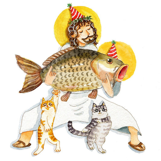 Jesus Holy Carp Birthday Card Funny - Happy Birthday Fish Christian Gifts - Liyana Studio Greeting Cards Handmade