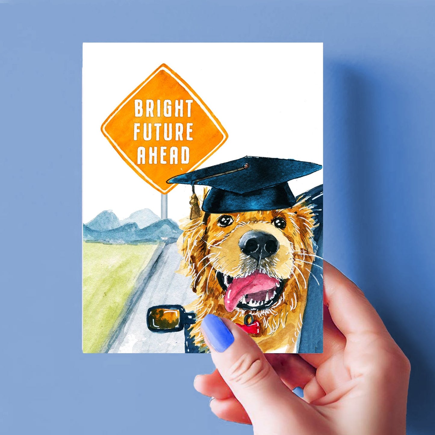 Funny Dog Graduation Cards For Class Of 2024 - Bright Future Ahead Road Trip Travel - Golden Retriever College Graduation Gift