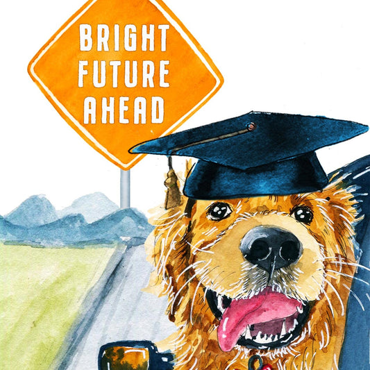 Funny Dog Graduation Cards For Class Of 2024 - Bright Future Ahead Road Trip Travel - Golden Retriever College Graduation Gift