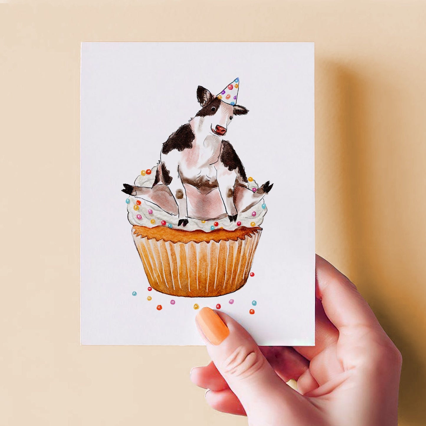 Cupcake Cow Birthday Cards For Her - Cute Farm Animals Birthday Card Funny - Liyana Studio Handmade Greeting Cards