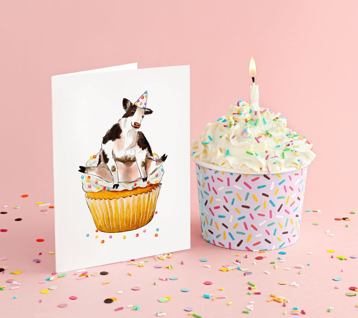 Cupcake Cow Birthday Cards For Her - Cute Farm Animals Birthday Card Funny - Liyana Studio Handmade Greeting Cards