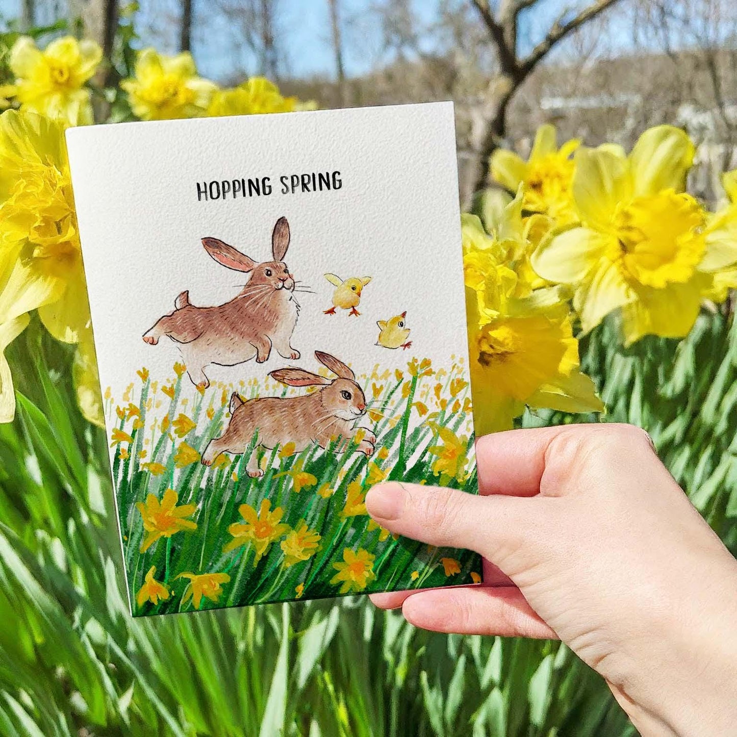 Daffodil Spring Flower Easter Cards For Grandchildren - Bunny Chick Hopping Spring Easter Gifts - Liyana Studio Handmade Greetings