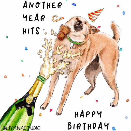 Another Year Hits Dog Funny Birthday Card For Her - Champagne Bottle Open Shiba Inu Dog Lover Gifts For Brother - Liyana Studio Handmade