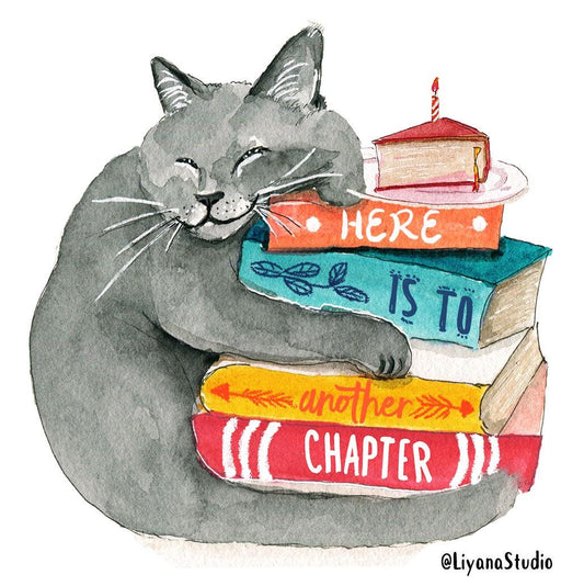 Gray Cat Book Birthday Cards Funny - Happy Birthday Cat Mom Literary Gift For Book Lover - Liyana Studio Handmade Greeting Cards