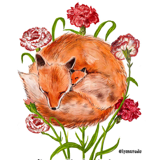 Red Fox Mom And Baby Happy Mothers Day Card - Carnation Flower Mother's Day Card - First Mother's Day Card From Kid - Liyana Studio Handmade