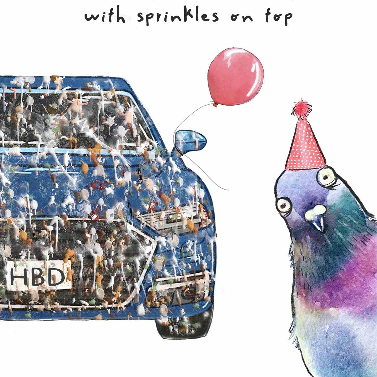 Pigeon Bird Poop Birthday Cards Funny - Sprinkles On Top Happy Birthday Gift For Car Lovers - Liyana Studio Handmade Greeting Cards