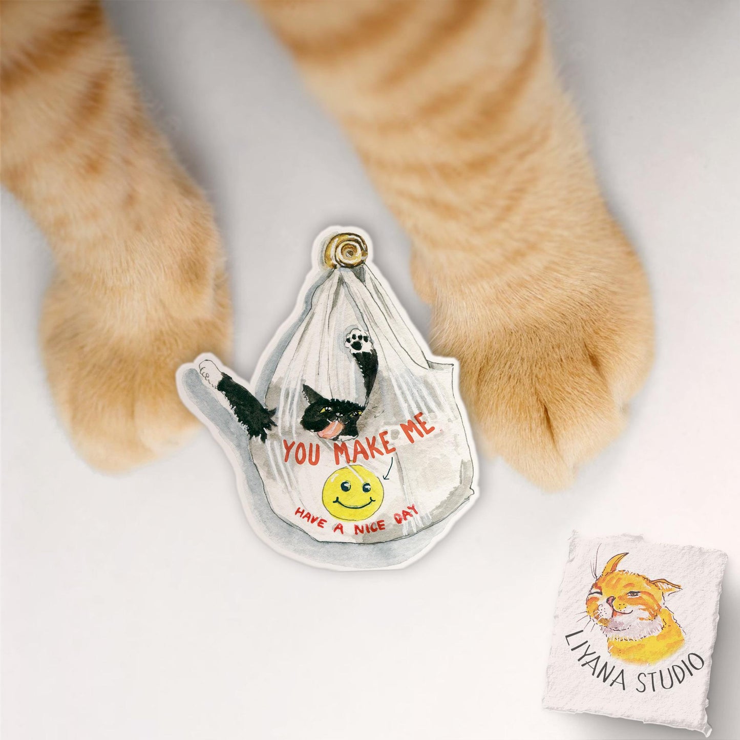 Grocery Bag Tuxedo Cat Sticker - You Make Me Smile Positive Sticker For Cat Lovers - Kindness Vinyl Sticker Waterproof - Liyana Studio