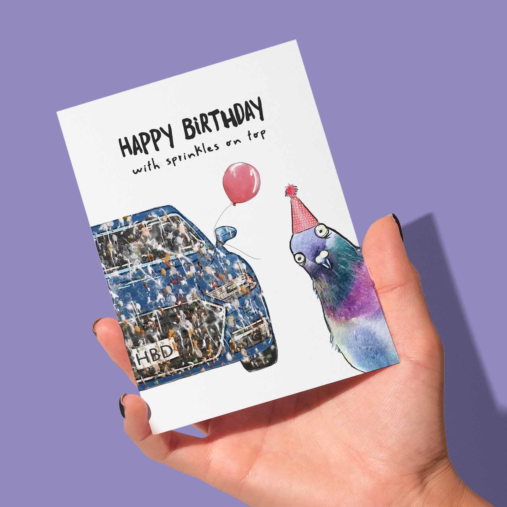 Pigeon Bird Poop Birthday Cards Funny - Sprinkles On Top Happy Birthday Gift For Car Lovers - Liyana Studio Handmade Greeting Cards
