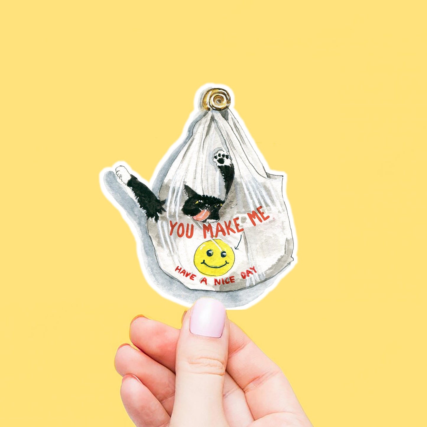Grocery Bag Tuxedo Cat Sticker - You Make Me Smile Positive Sticker For Cat Lovers - Kindness Vinyl Sticker Waterproof - Liyana Studio