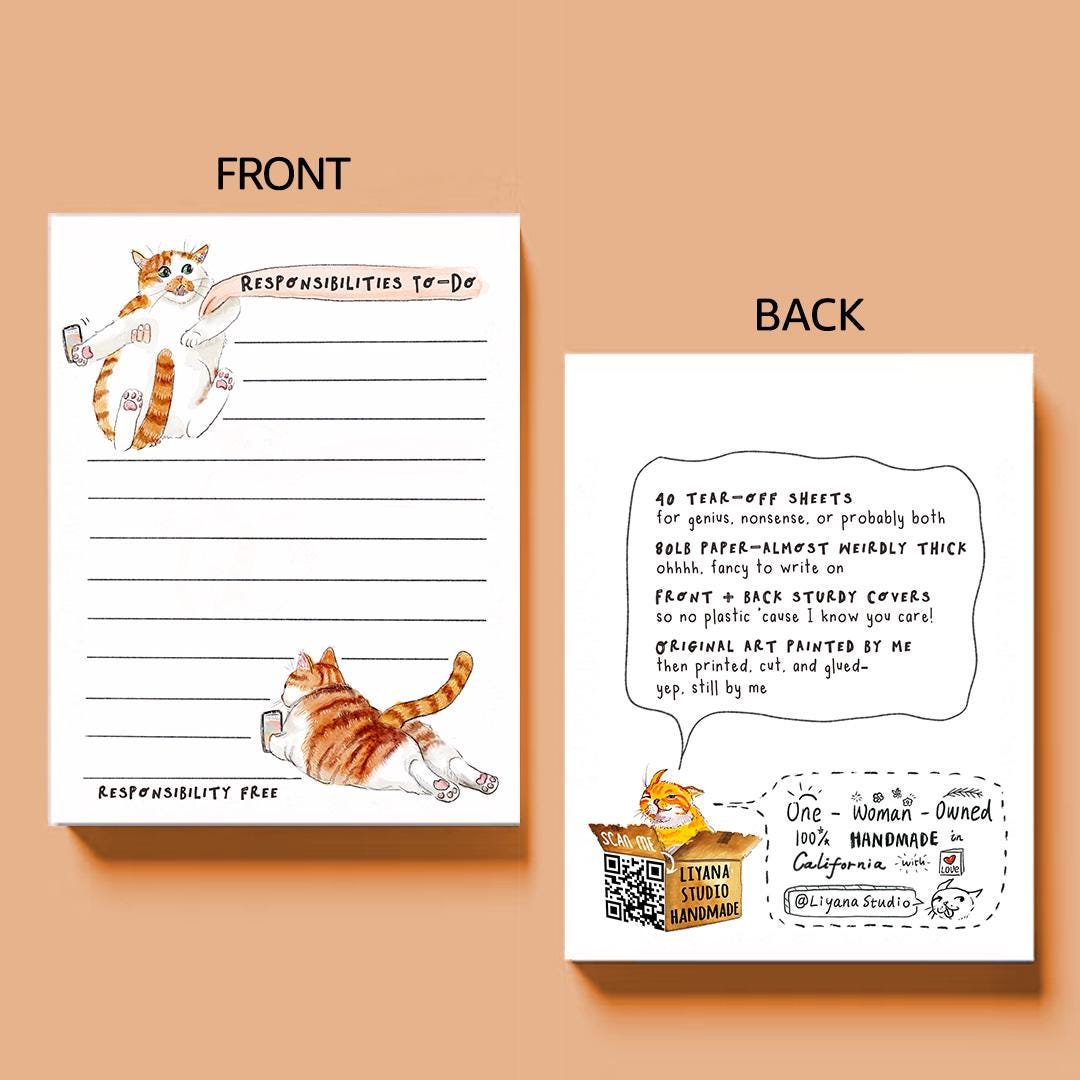 Cat Responsibilities Notepad - Cute To do List Note Pad - Funny Memo Pad Stationery Gift For Cat Lover - Handmade By Liyana Studio Greetings