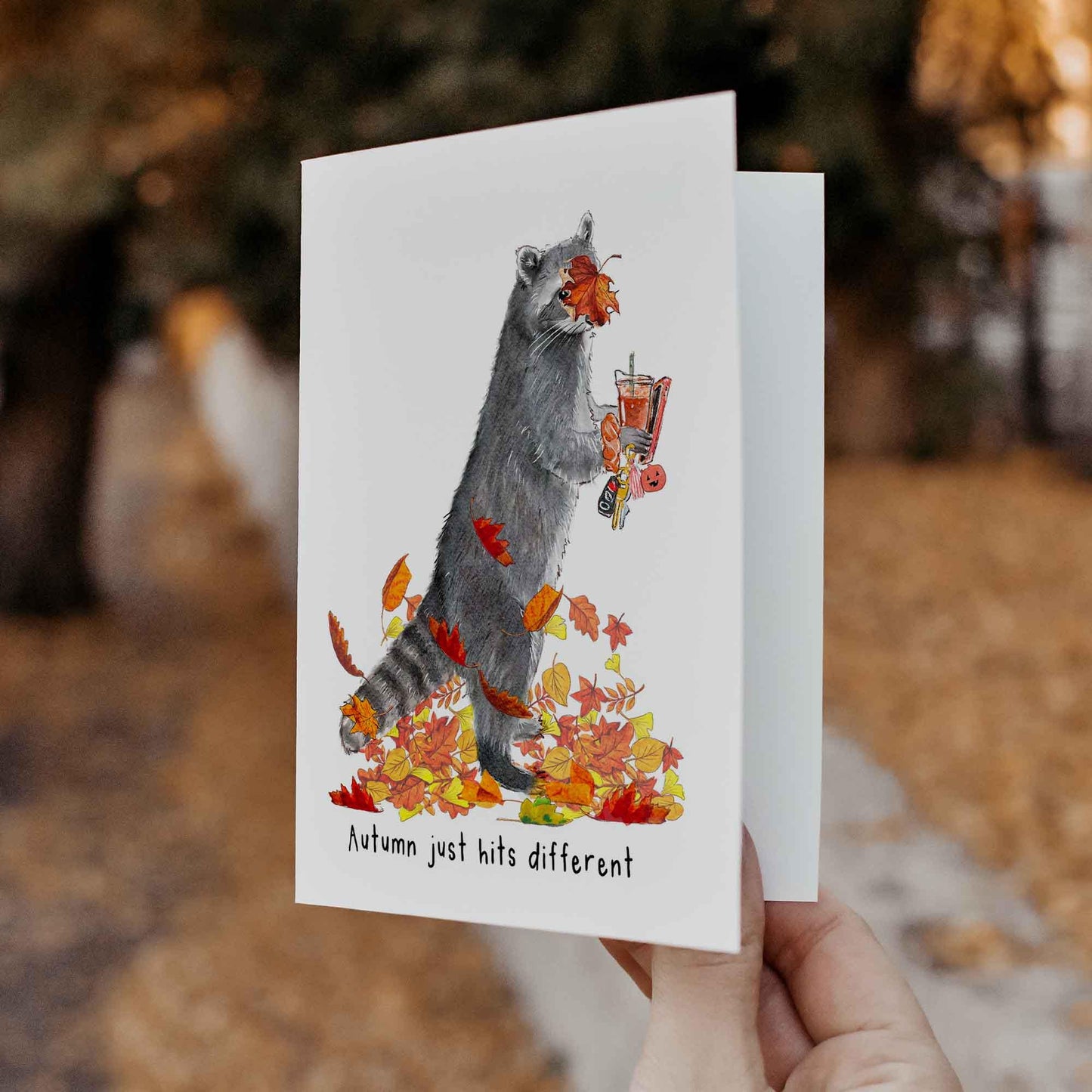 Autumn Leave Racoon Card For Girlfriend – Fall Just Hit Different - Funny Raccoon Happy Thanksgiving Cards – Cute Fall Gift Holiday Greeting