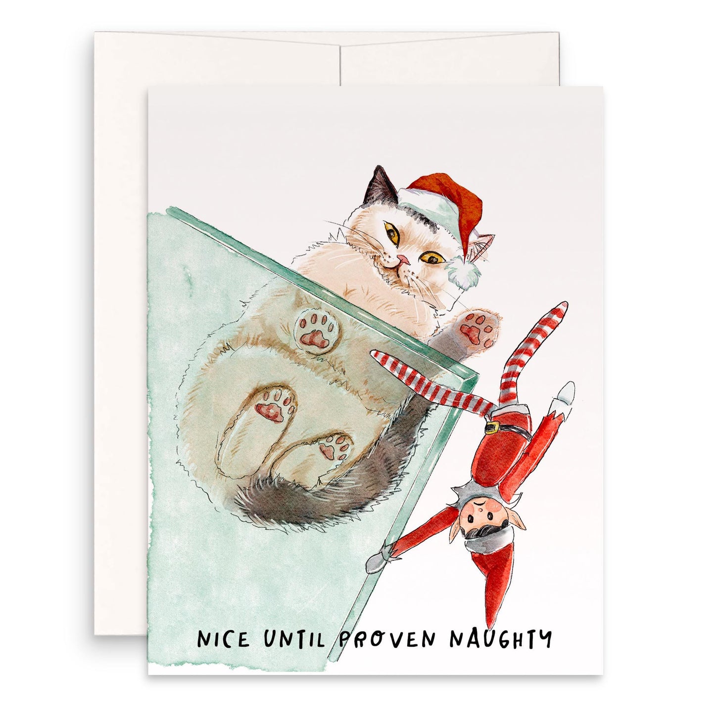 Cat vs Elf Christmas Card Funny – Nice Until Proven Naughty Holiday Card for Cat Lovers – Stocking Stuffer - Handmade Greeting Liyana Studio