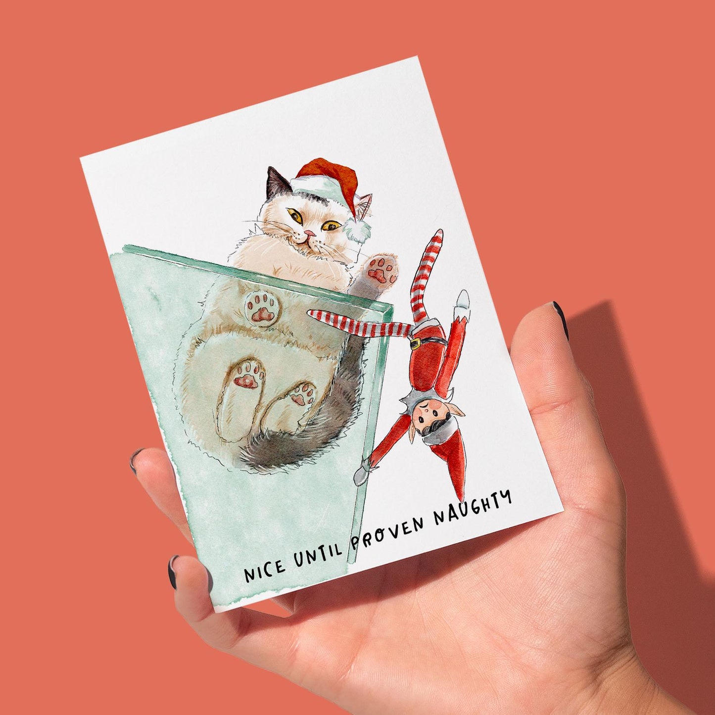 Cat vs Elf Christmas Card Funny – Nice Until Proven Naughty Holiday Card for Cat Lovers – Stocking Stuffer - Handmade Greeting Liyana Studio
