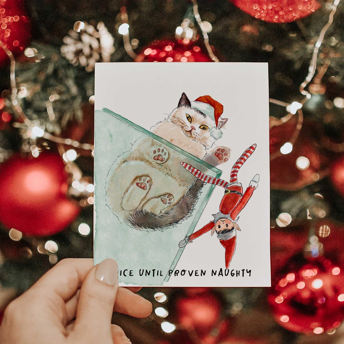 Cat vs Elf Christmas Card Funny – Nice Until Proven Naughty Holiday Card for Cat Lovers – Stocking Stuffer - Handmade Greeting Liyana Studio