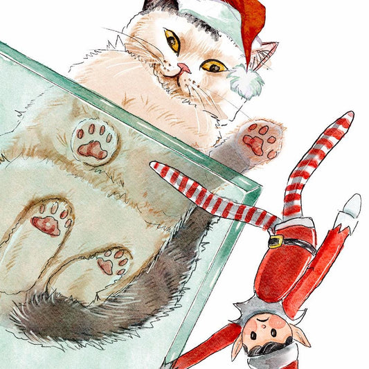 Cat vs Elf Christmas Card Funny – Nice Until Proven Naughty Holiday Card for Cat Lovers – Stocking Stuffer - Handmade Greeting Liyana Studio