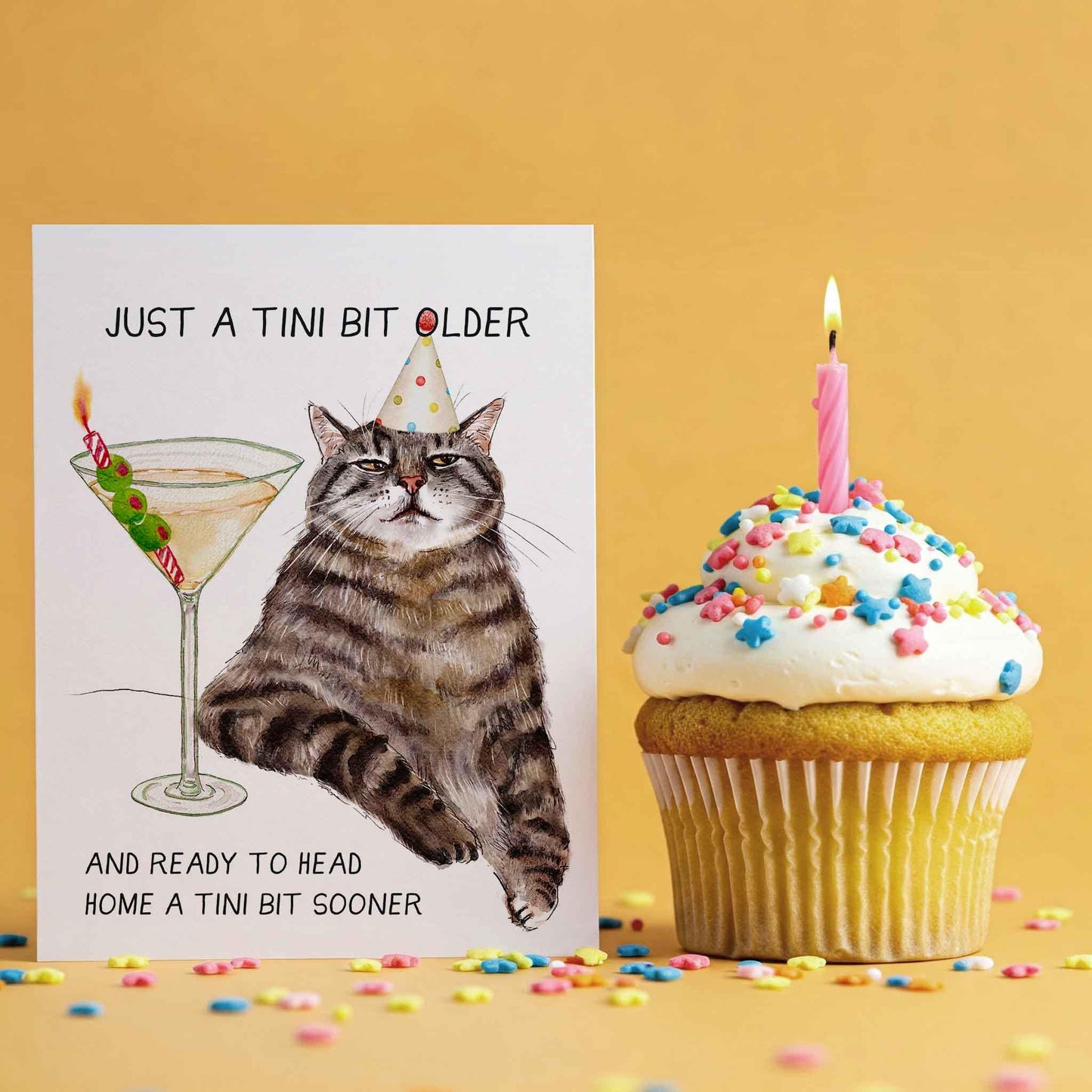 Martini Cat Funny Birthday Card - Just A Tini Bit Older - Funny 30th 40th Birthday Gifts For Women - Liyana Studio Handmade Greeting