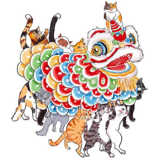 Cats Lion Dance Happy Lunar New Year Card Set – 2026 Chinese New Year Greeting Cards for Cat Lovers – Handmade Card by Liyana Studio