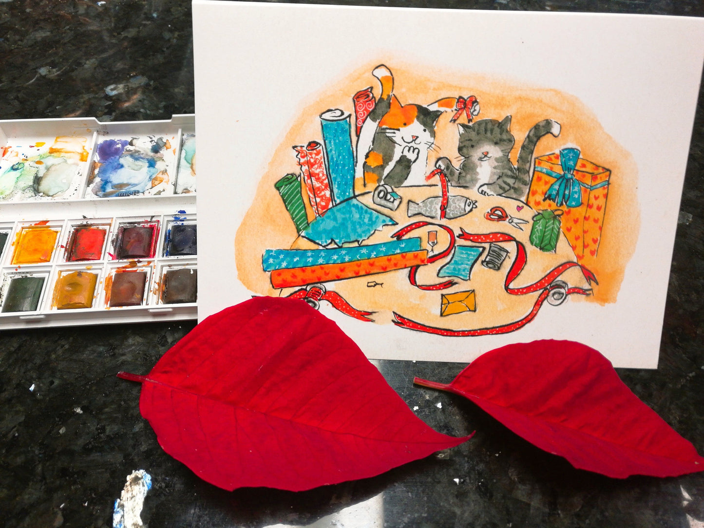 Cat Wraping Presents, Funny Cat Birthday Card, Naughty Cat Gift Wraping, Funny Tabby Cat Calico Cat Friends Birthday Presents Card