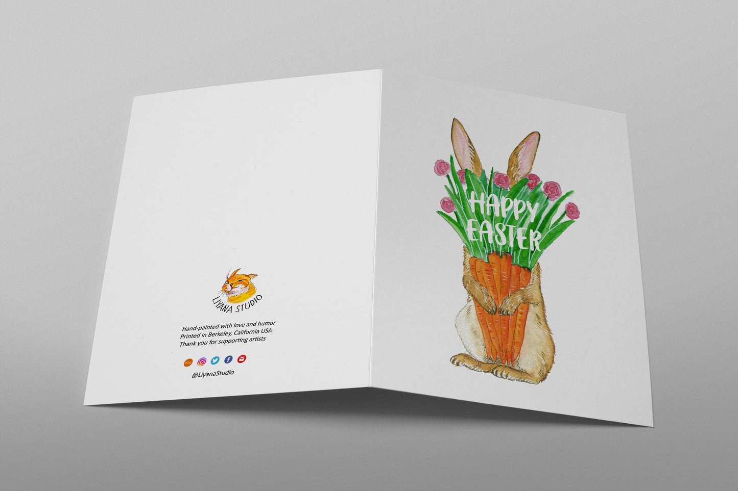 Carrot Flower Bunny Easter Card Pack - Funny Easter Cards For Kids - Watercolor Spring Greeting Card Set For Friends