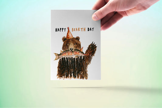 Happy Birthday Card - Grizzly Bear Fishing The Big One
