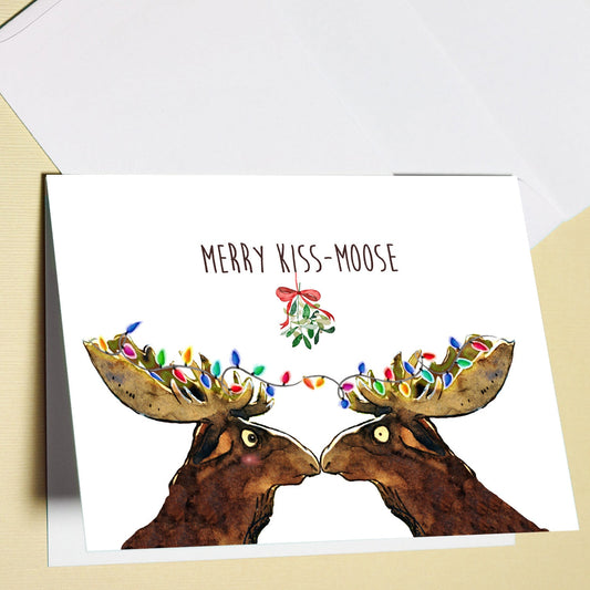 Funny Christmas Card For Boyfriend - Merry Kiss Moose Under Mistletoe