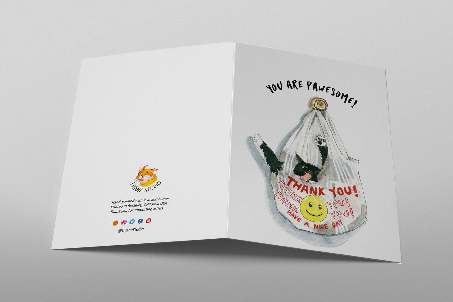 Black Cat Shopping Bag Funny Thank You Cards Set - Tuxedo Cats Thank You Notes Greeting Card Pack