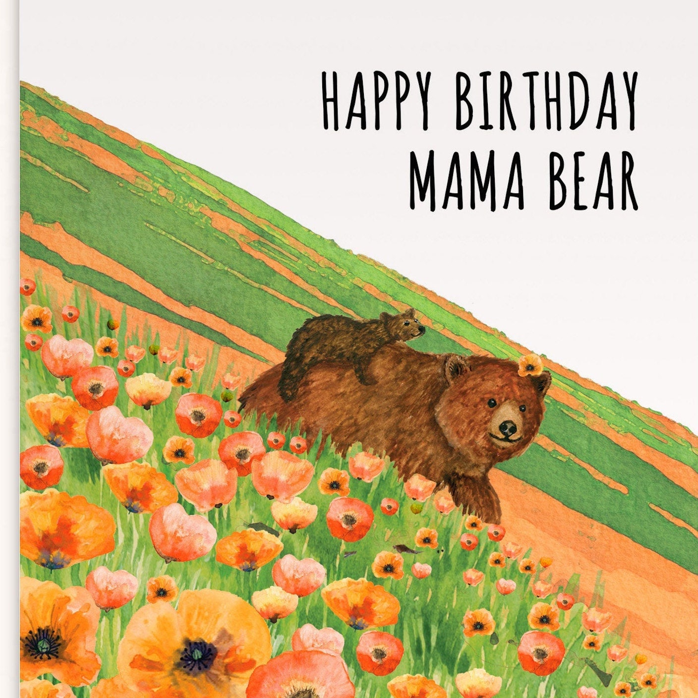 Grizzly Bears Birthday Card For Mom - Spring Poppy Flower Field Baby bear