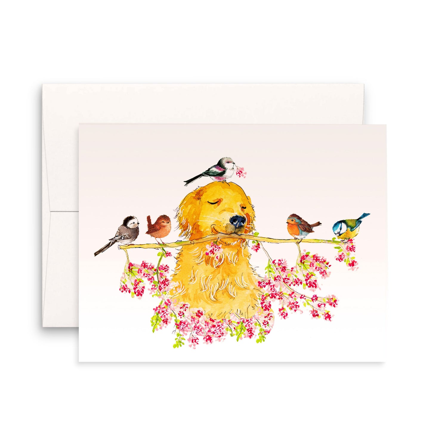 Spring Bird Floral Watercolor Cards Set - Golden Retriever Birds Blank Note Cards
