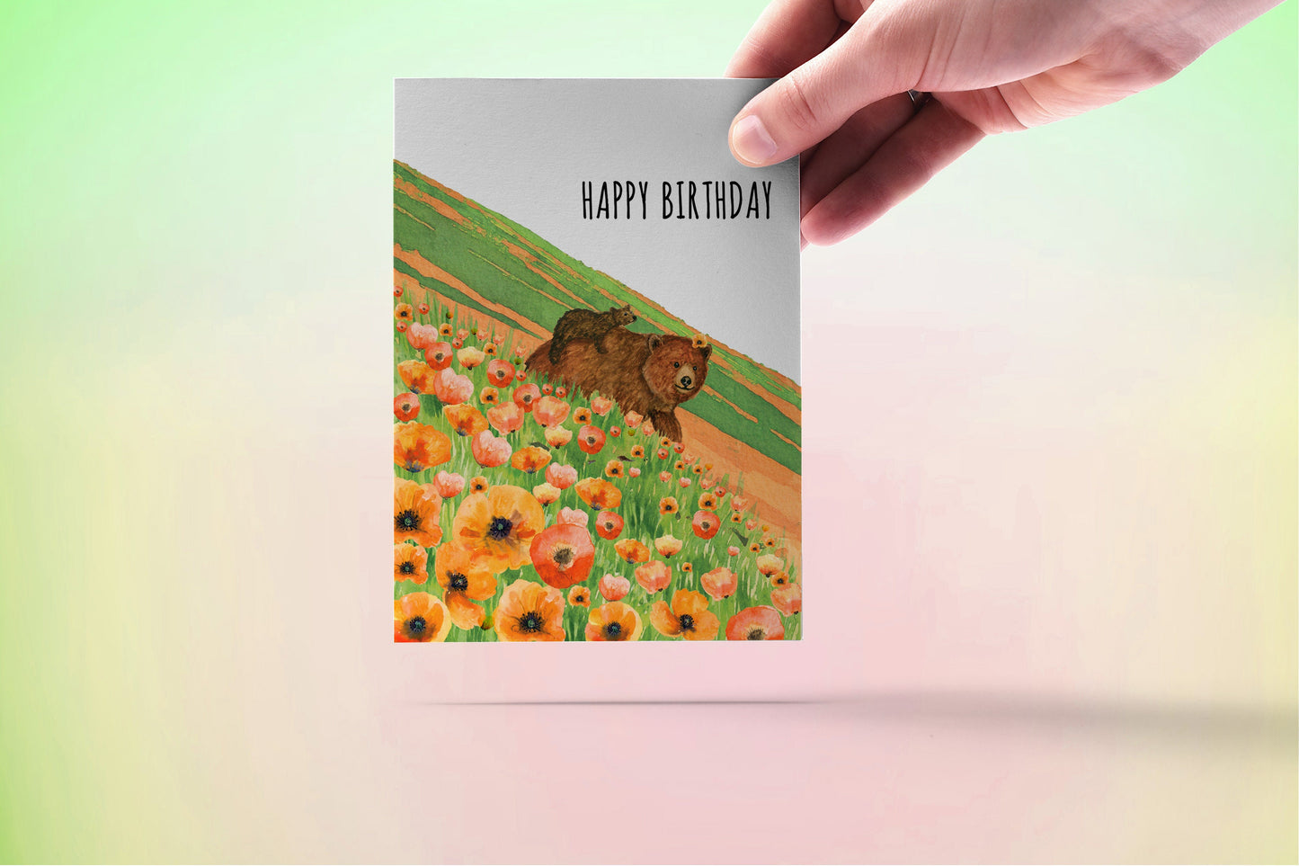 Grizzly Bears Birthday Card For Mom - Spring Poppy Flower Field Baby bear