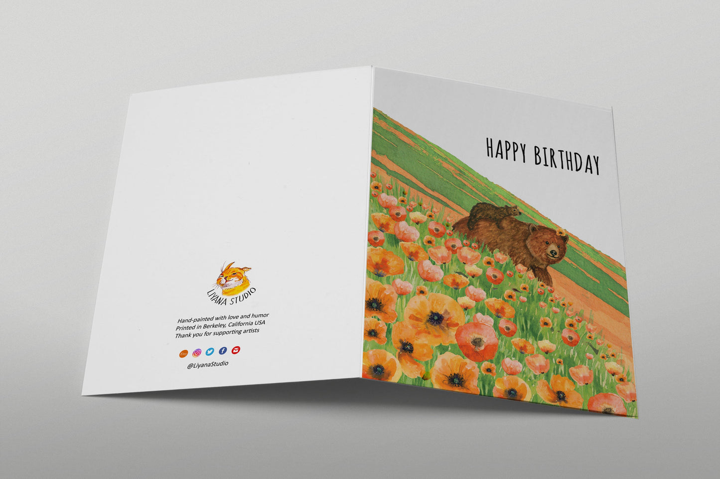 Grizzly Bears Birthday Card For Mom - Spring Poppy Flower Field Baby bear