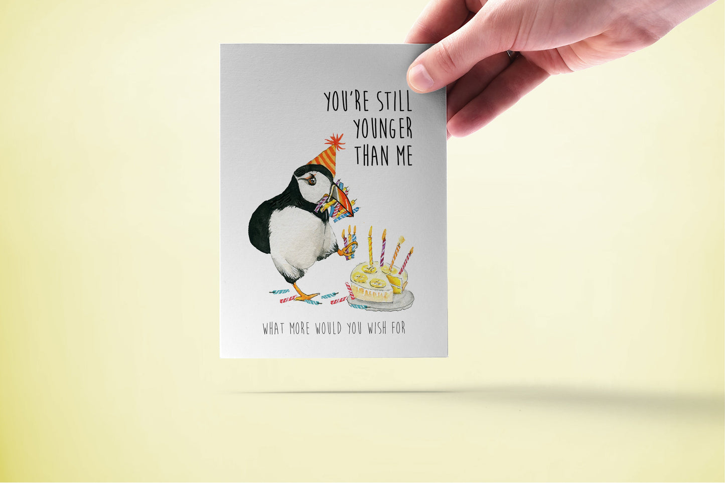 Puffin Bird Funny Birthday Card For Friends - You Are Still Younger Than Me - Candles On Yellow Cake Happy Birthday Gifts