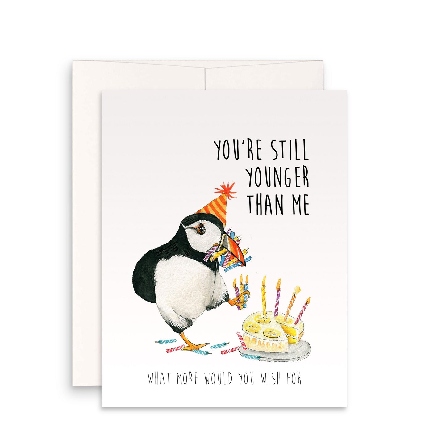 Puffin Bird Funny Birthday Card For Friends - You Are Still Younger Than Me - Candles On Yellow Cake Happy Birthday Gifts