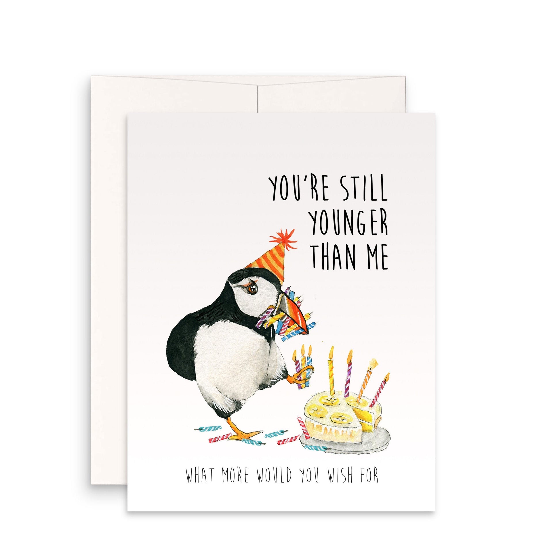 Puffin Bird Funny Birthday Card For Friends - You Are Still Younger Than Me - Candles On Yellow Cake Happy Birthday Gifts