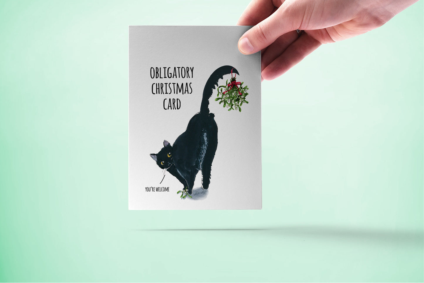 Funny Christmas Cards - Naughty Black Cat Mistletoe - Obligated Holiday Card