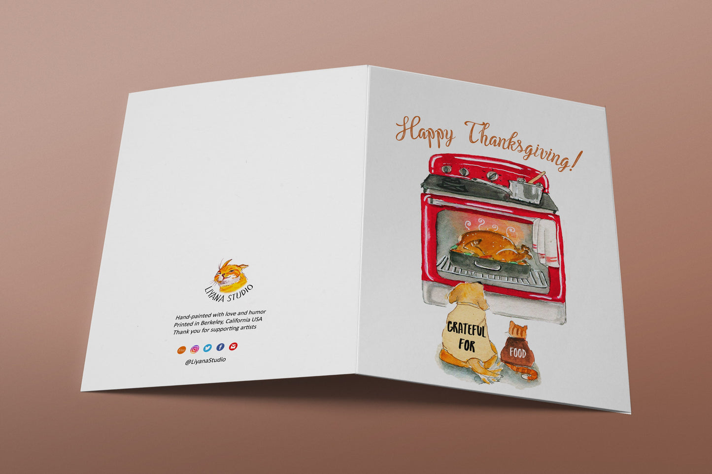 Thanksgiving Cards Funny - Cat And Dog Holiday Cards For Friends- Thankful For Turkey In Oven