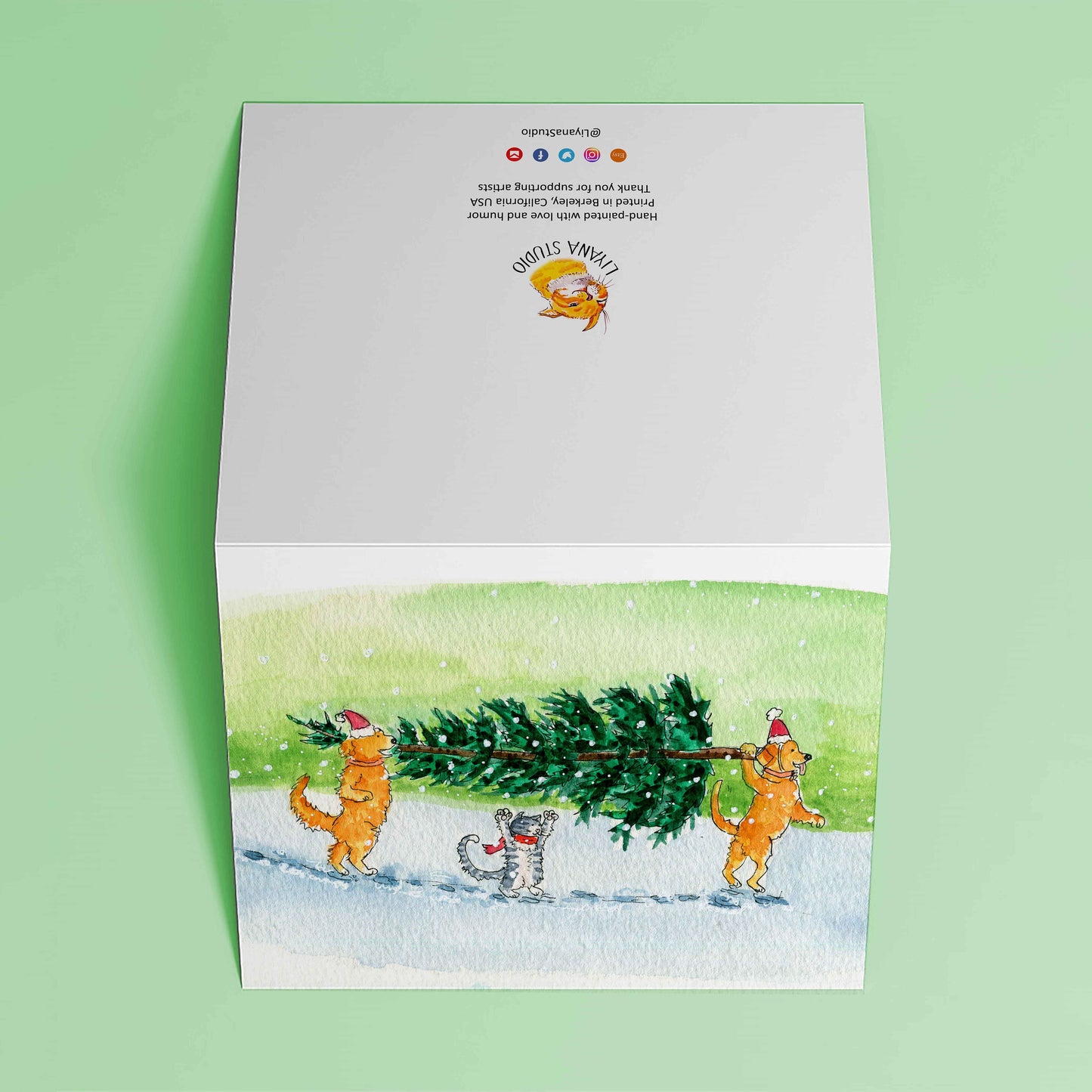 Funny Dog Cat Christmas Card For Friend - Snowy Winter Xmas Tree