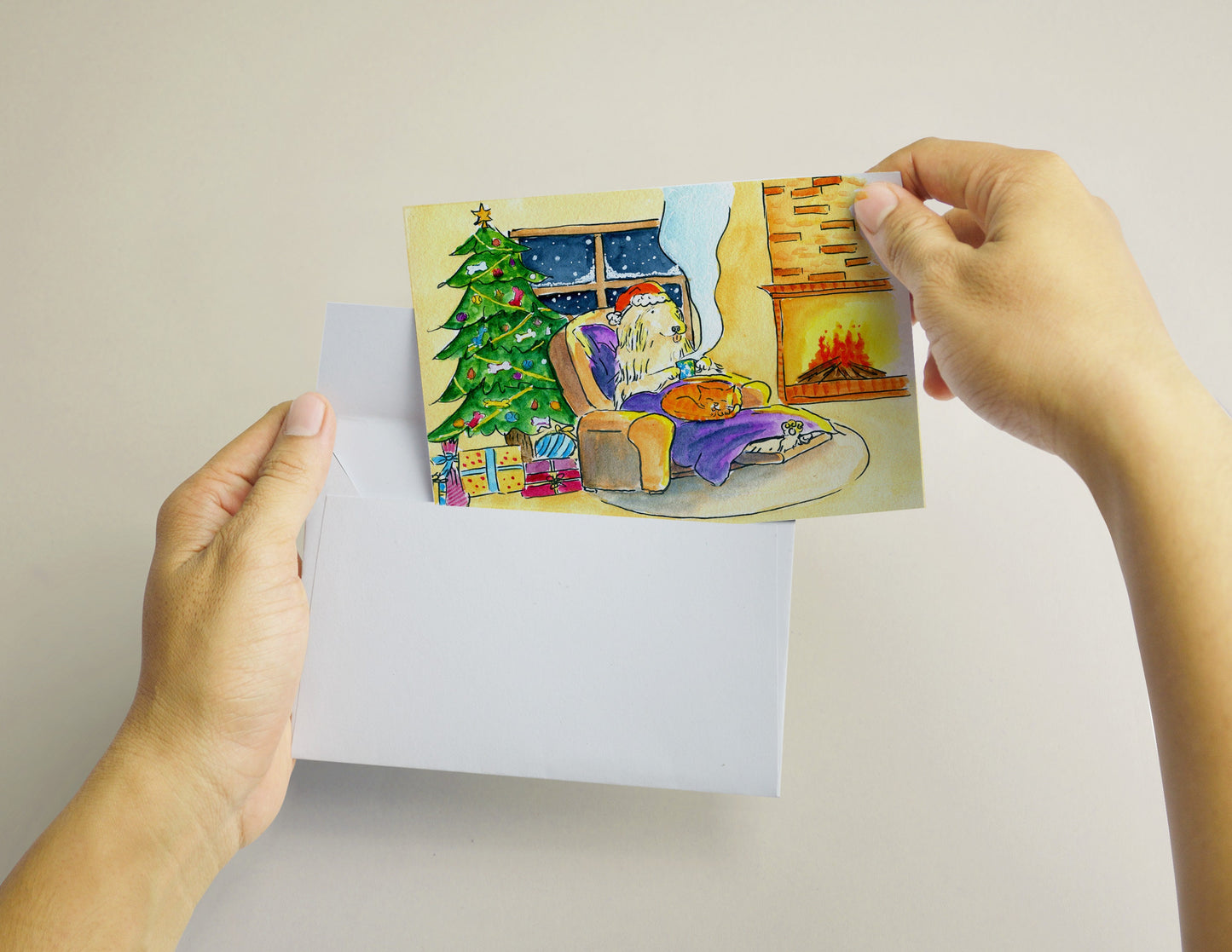 Cozy Warm Dog Sleepy Cat on Laps Hot Tea Fireplace Christmas Tree Christmas Eve Snow Watercolor Winter Holiday Funny Cute Greeting Card