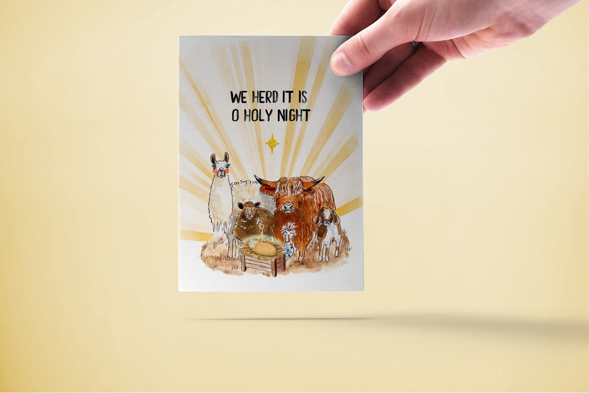 Watercolor Nativity Scene Farm Animals Christmas Cards - Oh Holy Night - Goat Cow Llama Chicken Sheep