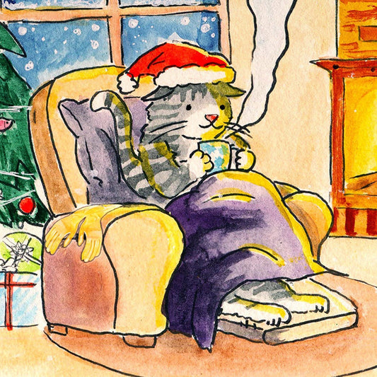 Cozy Warm Kitty Cat Christmas Card For Cat Lover, Silent Night Christmas Eve Card From Cat, Funny Christmas Card, Merry Xmas, Fireplace Card