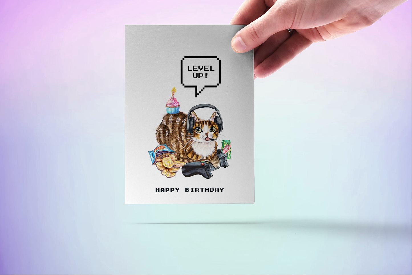 Cat Gamer Happy Birthday Cards For Boyfriend - Video Games Level Up