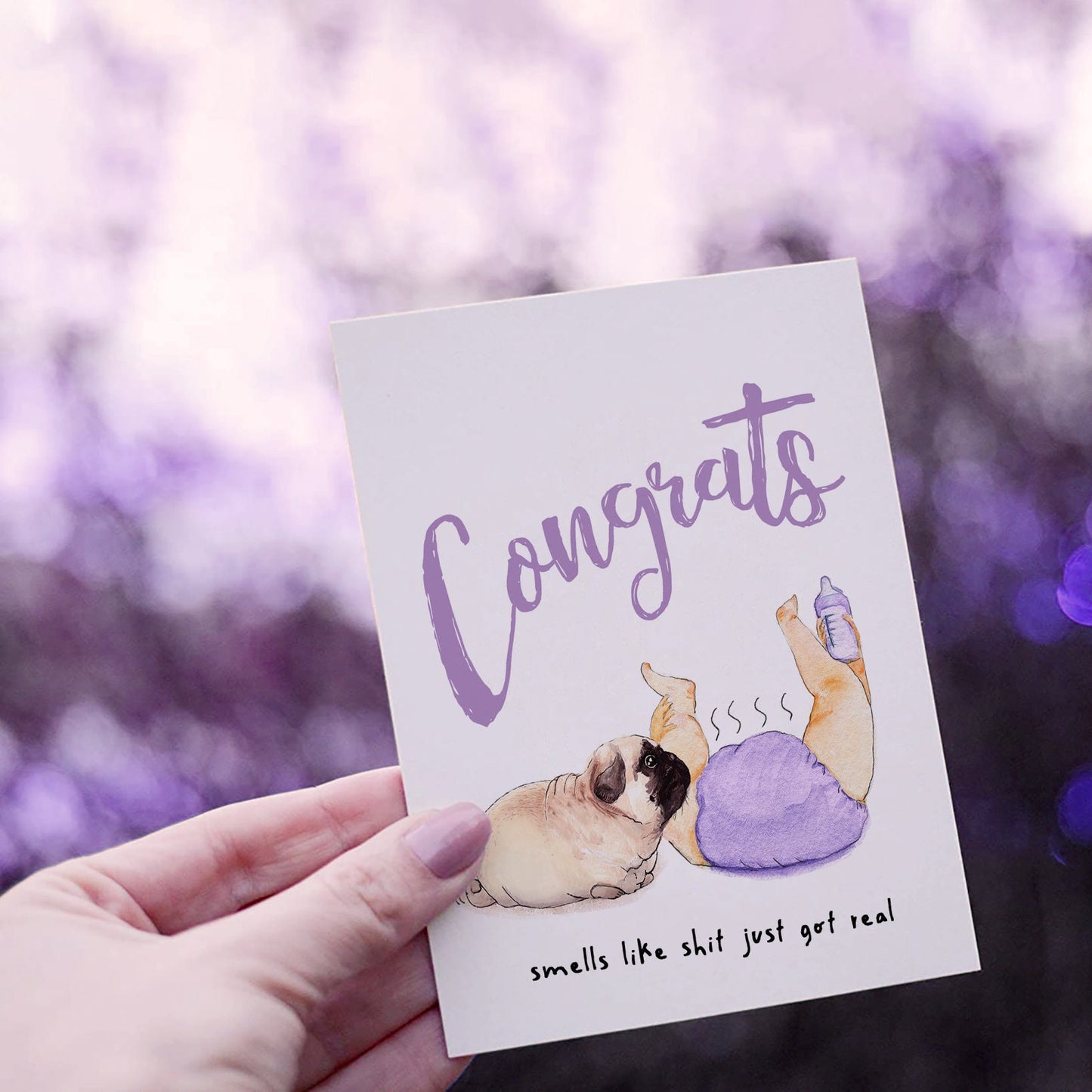 Pug New Baby Shower Card Funny - Shit Just Got Real - Congratulations For New Mom Gifts