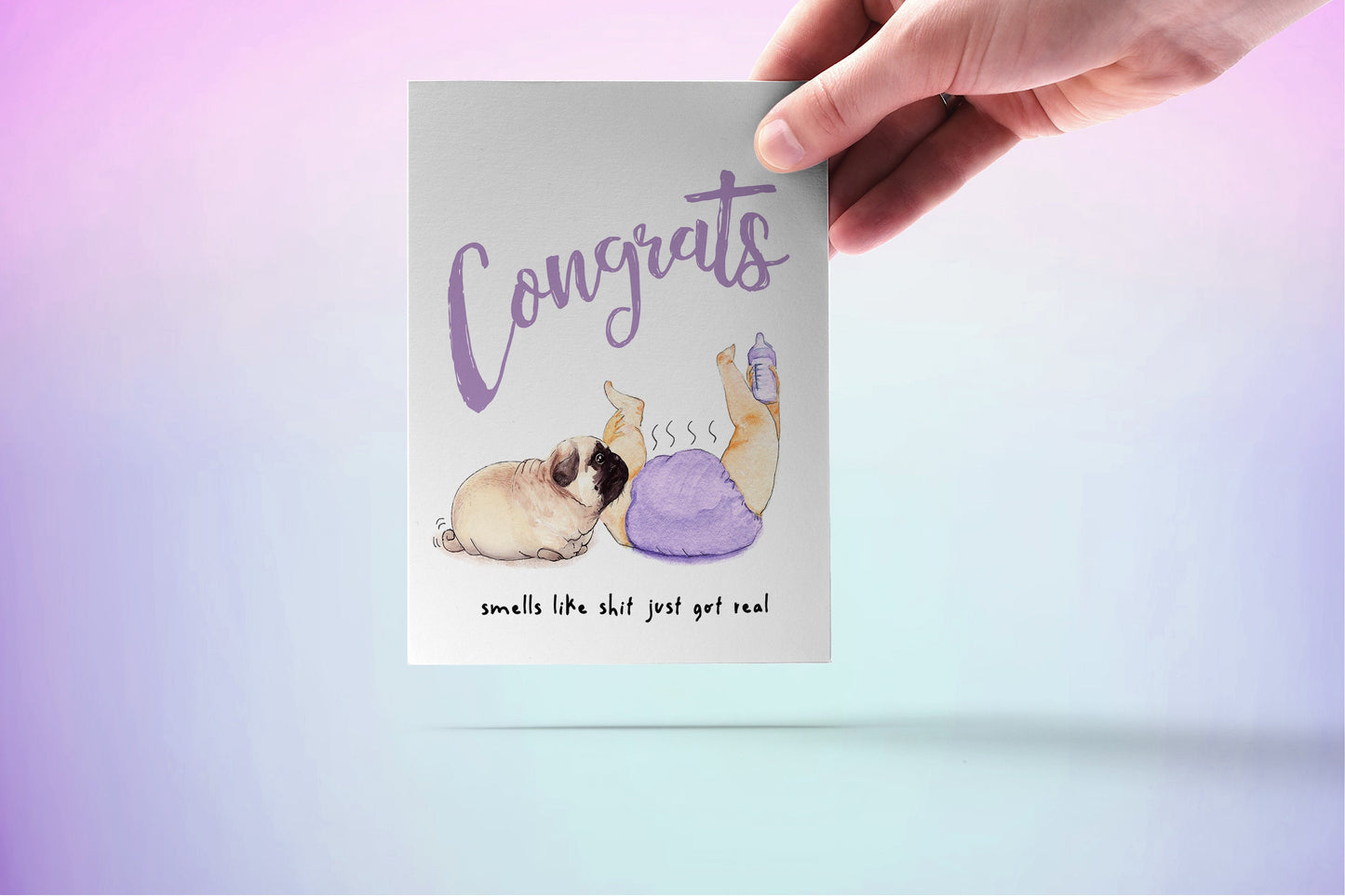 Pug New Baby Shower Card Funny - Shit Just Got Real - Congratulations For New Mom Gifts