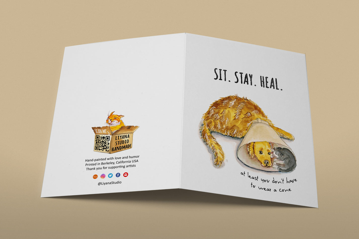 Dog Sympathy Card - Get Well Soon Card For Friends - Golden Retriever Dog And Cat Cone of Shame