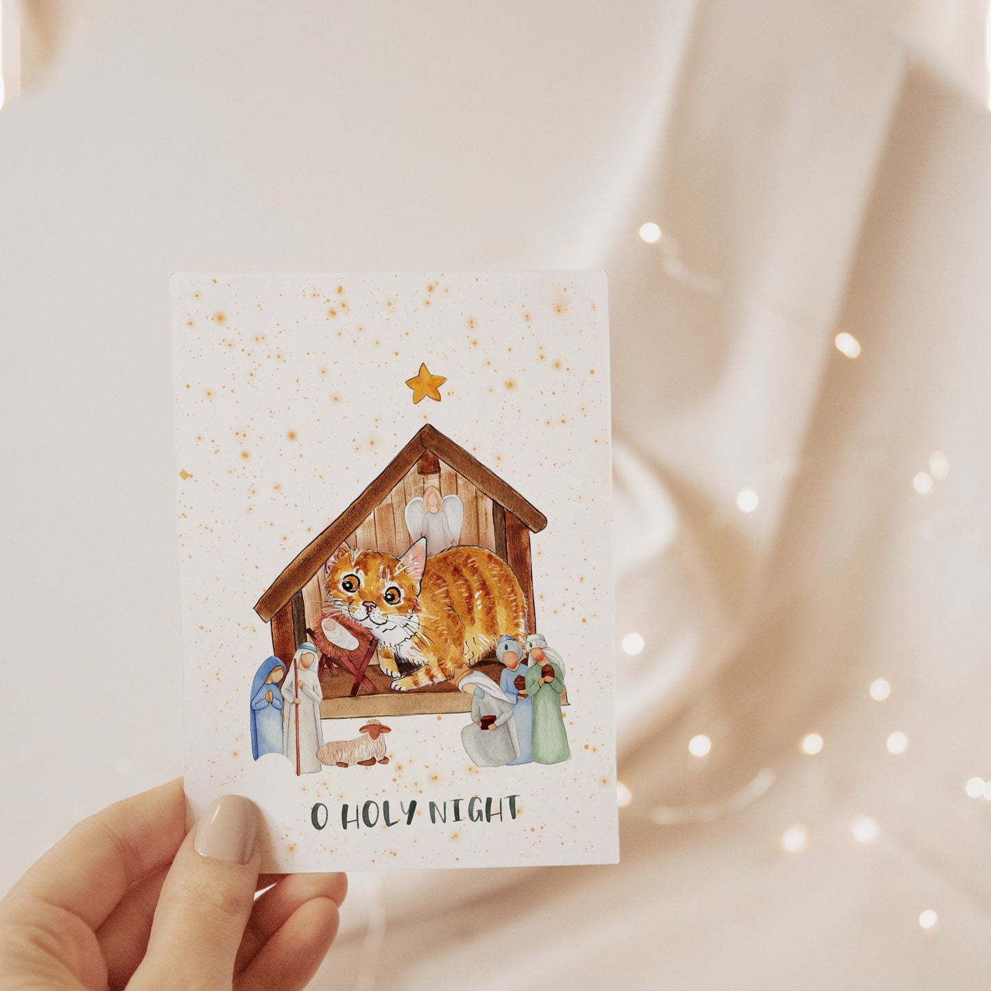 O Holy Night Christmas Cards - Cat Nativity Scene Religious Card