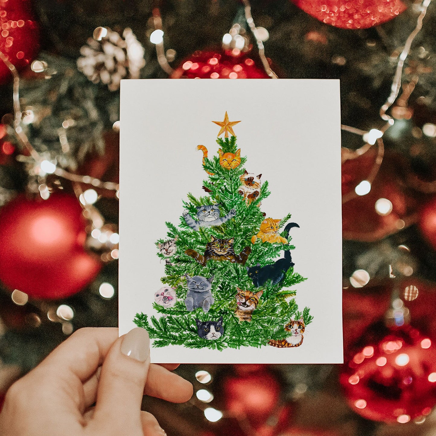 Cat Christmas Tree Card Funny - Cat Lover Gift For Friends - Orange Tabby Siamese Black Cat Cards