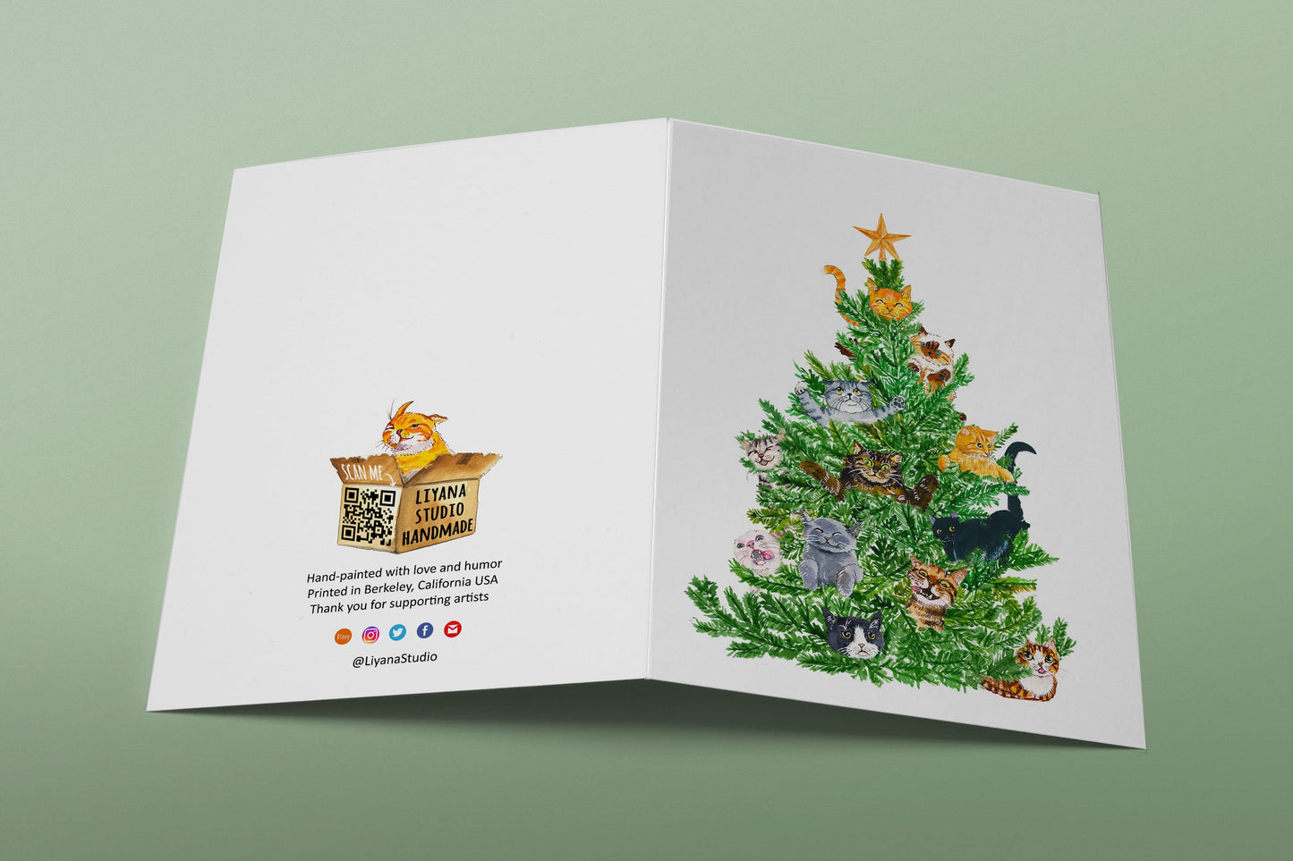 Cat Christmas Tree Card Funny - Cat Lover Gift For Friends - Orange Tabby Siamese Black Cat Cards