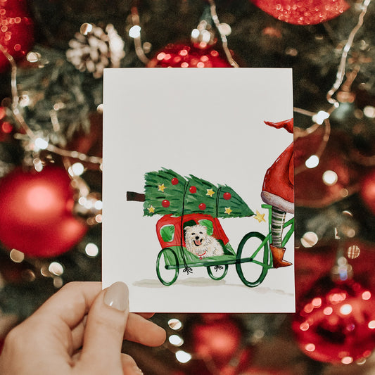 Cycling Funny Christmas Cards For Kids - Santa Claus Bike Tailer Xmas Tree - Cute White Dog Bichon Frise