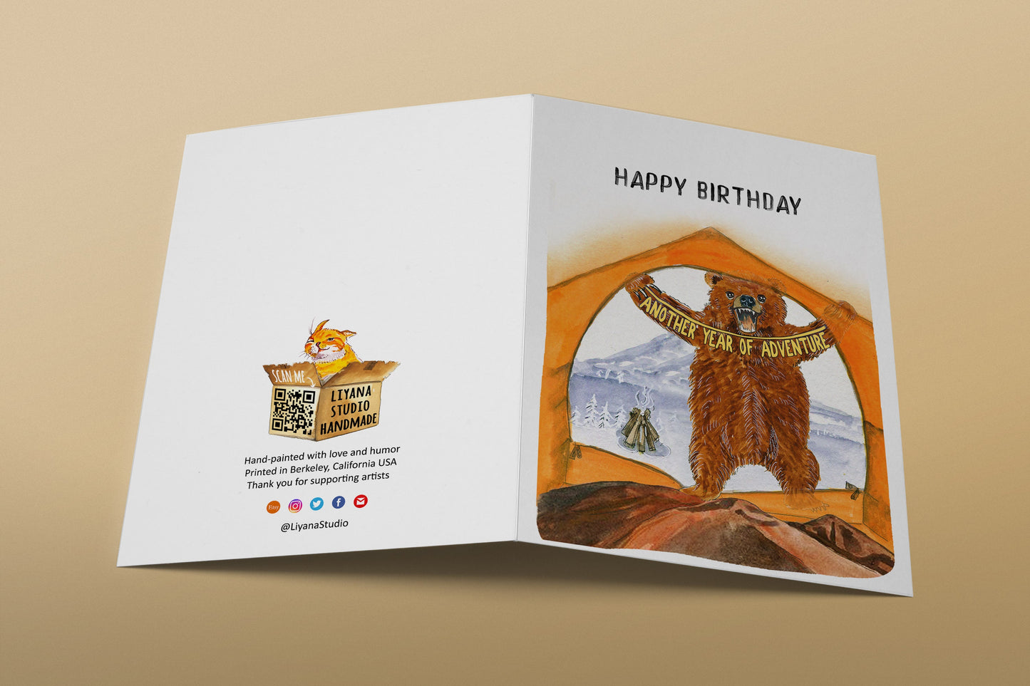 Camping Bear Birthday Cards Funny - Happy Camper Gifts - Grizzly Bear Card