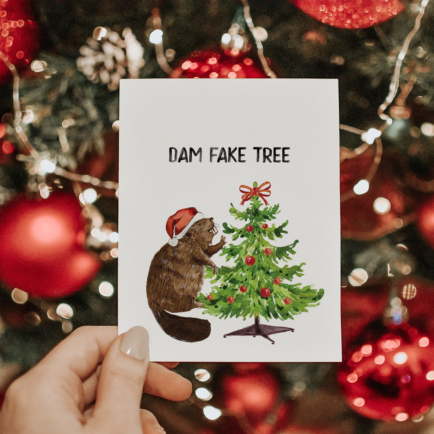 Beaver Funny Christmas Cards For Friends - Dam Fake Christmas Tree Gifts