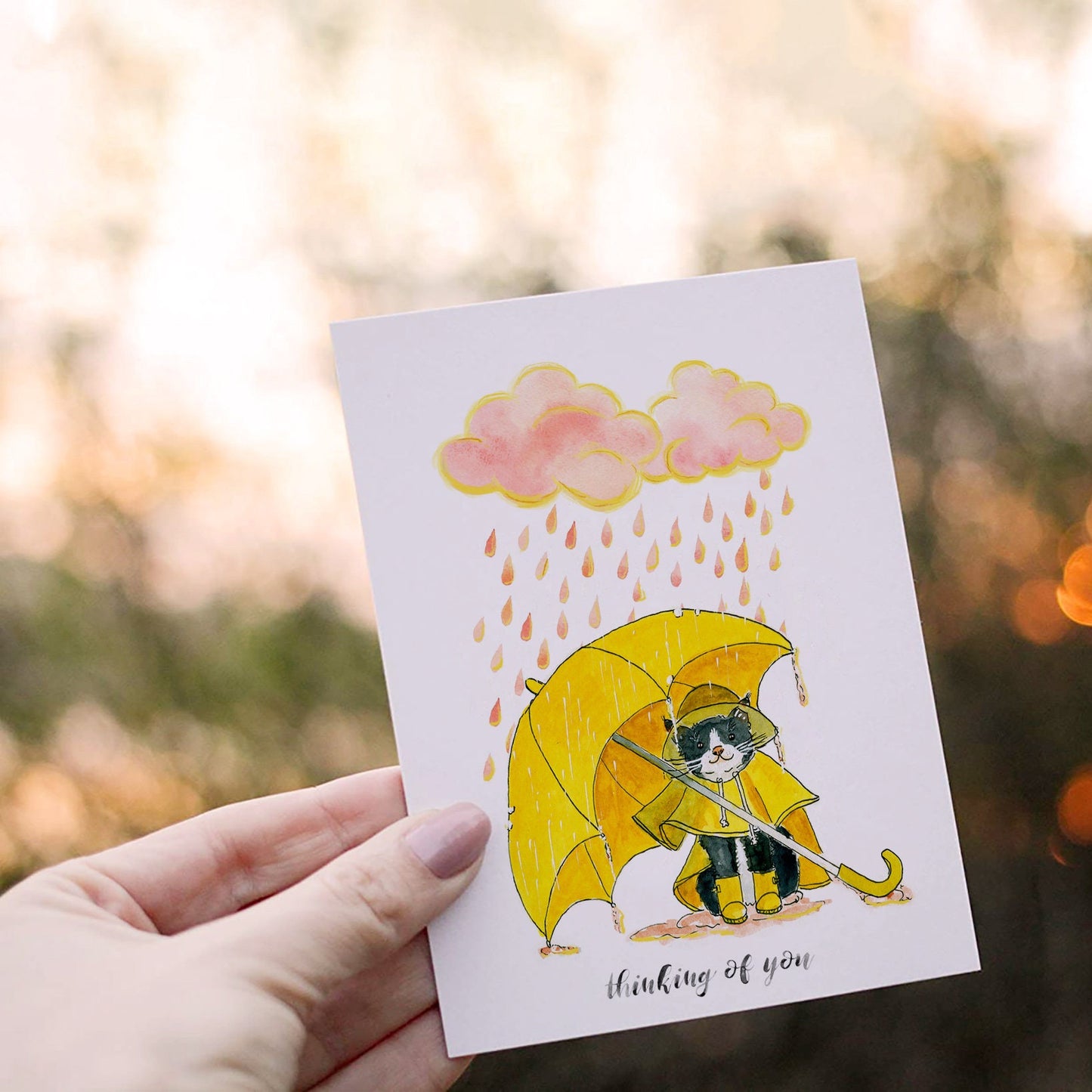 Silver Lining Cat Thinking Of You Card For Best Friends - Sympathy Card From Black And White Tuxedo Cat - Rainy Day Cloud